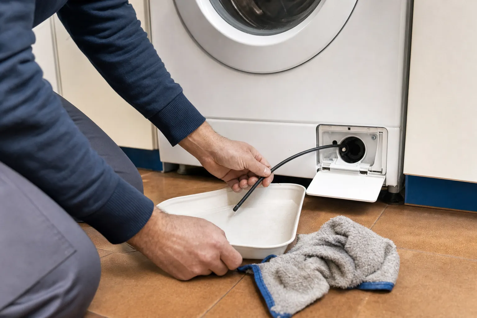 Vaciado de emergencia de una lavadora Bosch por el tubo de la tapa inferior